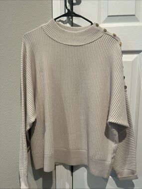 Tahari Cream Ribbed Button-Shoulder Turtleneck Sweater